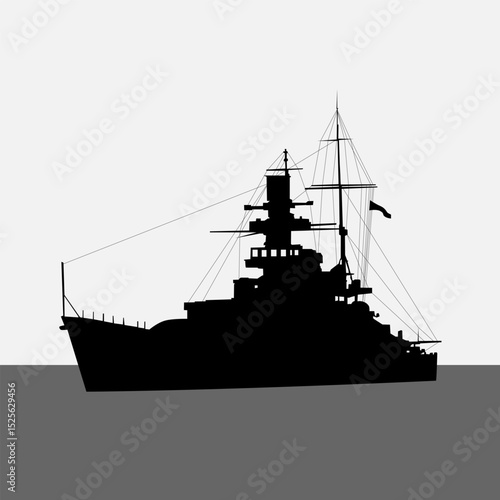 Silhouette of a military ship on a white background. Black and white simple Vector illustration for your designs in a naval military style