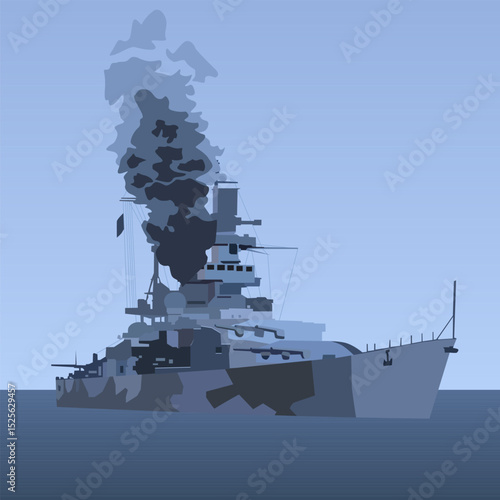 Vector illustration in blue and gray shades depicting a warship from the Second World War against the sea. For your military-style designs and For powerful and historically accurate military illustrat