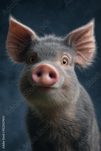 Adorable pig with black snout and yellow eyes, looking straight at camera with a slight smile.
