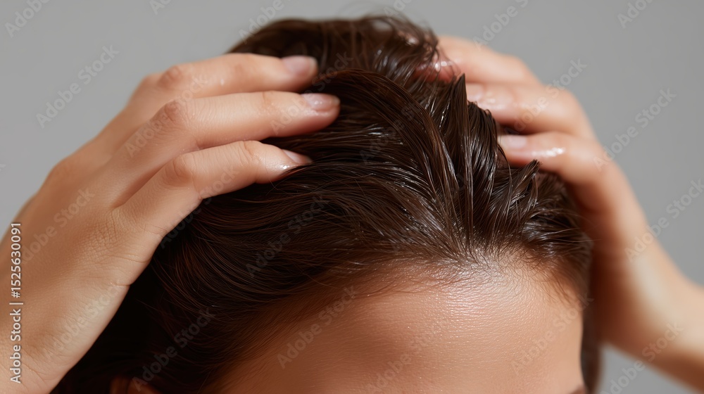 Fototapeta premium The image shows close-up of a person's scalp, capturing a moment of self-care and well-being, highlighting the delicate touch of the fingers as they massage the hair.