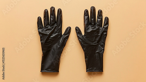 Preparing for a medical exam with shiny black latex gloves signifying caution and professionalism on a clean peach