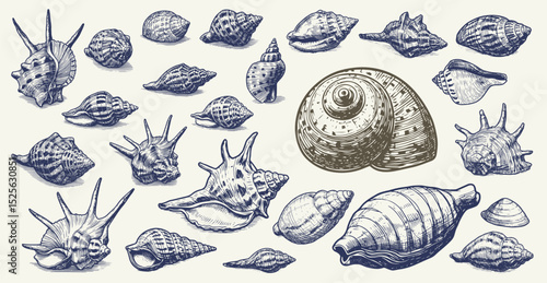 Set of various sea shells, corals oyster, and scallop. engraving vector illustration