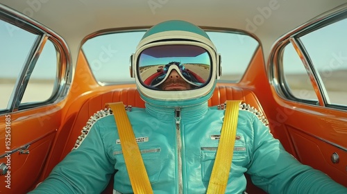 A person in a retro spacesuit and helmet sits strapped inside an orange vintage car, ready for an adventurous drive.
