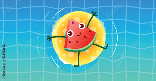Funny character watermelon slice rests in the pool. Nice summer rest. Vector fruit character for cartoons and advertising.