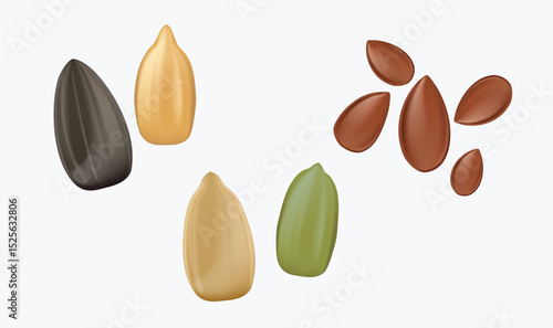 Cartoon seeds. Organic raw sunflower seeds, pumpkin seeds and flex, tasty snacks for vegetarian diet 3D render vector