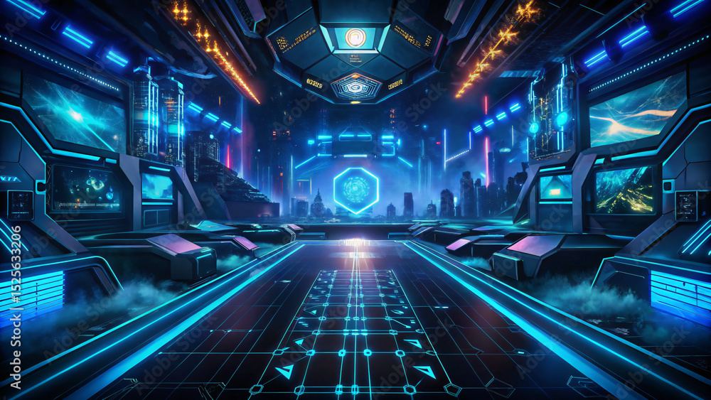 Fototapeta premium Abstract digital gaming arena, glowing blue colors, futuristic