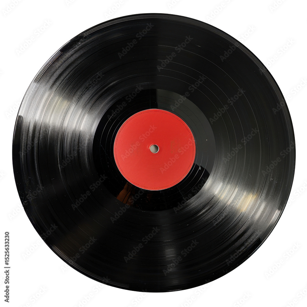 Fototapeta premium Classic vinyl record with red label, showcasing its glossy black surface and circular shape. This timeless music medium evokes nostalgia and love for analog sound