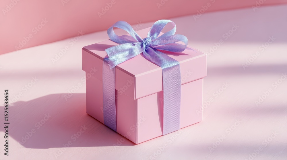 Obraz premium Pink wrapped gift box with ribbon on table with pastel background