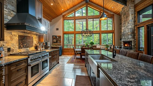 Wallpaper Mural Modern luxury kitchen interior with wood and glass walls in forest setting.  Torontodigital.ca