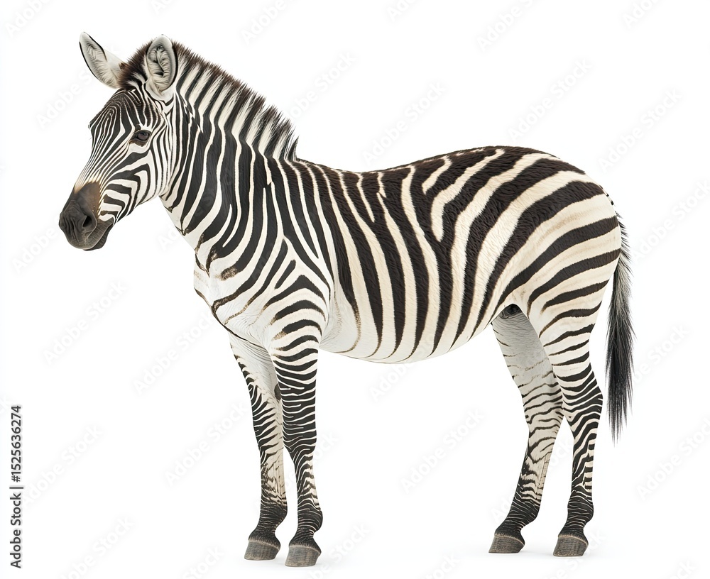 Fototapeta premium A side view of a plain-coated female Burchell's Zebra is set against a white backdrop