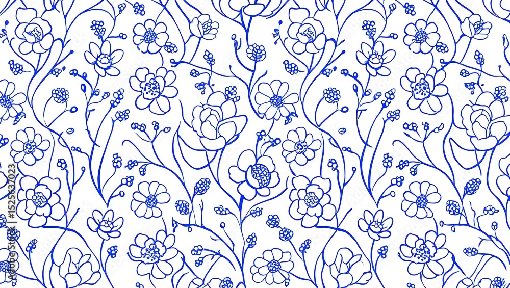 Fototapeta premium Elegant Blue Floral Pattern Seamless Botanical Illustration for Textile Design