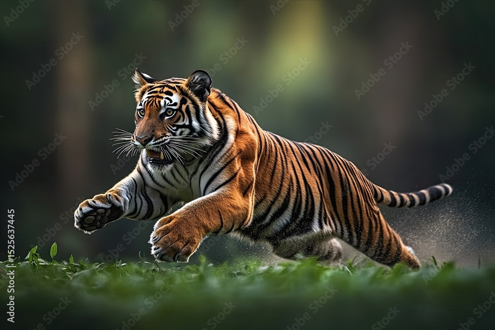 Obraz premium In its natural habitat, the Siberian tiger, or Panthera tigris altaica, also called the Amur tiger, can be seen running with a blue background
