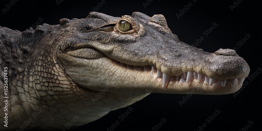 Obraz premium Close-up of an alligator with its mouth open, showcasing sharp teeth and a stern expression.