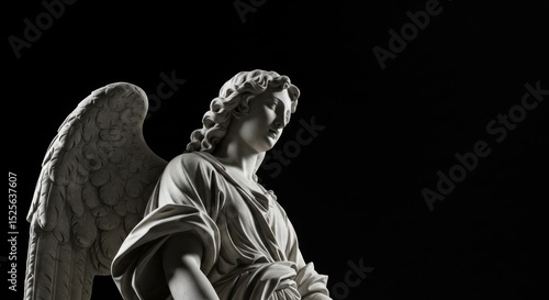 Grayscale angel statue dramatic lighting