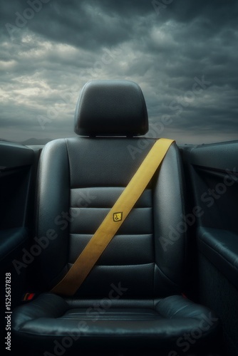 The driver's seat is empty and the car appears to be in motion on a stormy day.