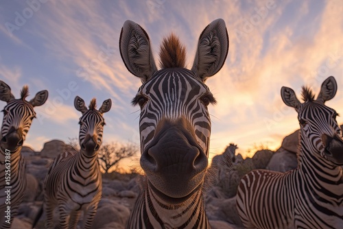 Zebras roaming the African savanna are silhouetted against the vibrant colors of a beautiful sunset in Tanzania's Serengeti National Park, Africa