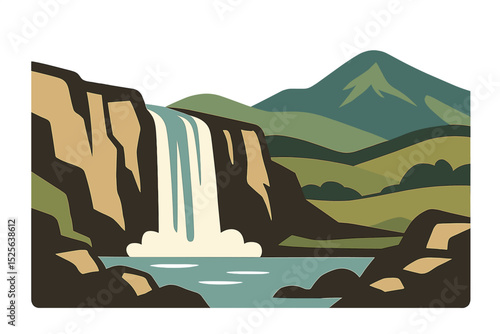 View from the ground of a stunning waterfall cascading down from rocky cliffs amidst a backdrop of rolling hills and mountains