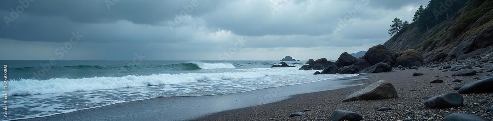 Fototapeta premium A moody, overcast sky hangs low over a rocky, grey shore, waves gently lapping at the stones The scene evokes a sense of quiet solitude and coastal mystery , coastal scene, detail, solitude