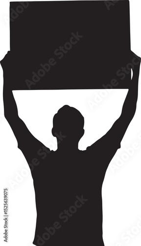 Man Holding Up a Sign Above His Head Silhouette Vector Illustration on Transparent Background