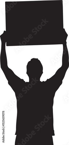 Man Holding Up a Sign Above His Head Silhouette Vector Illustration on Transparent Background