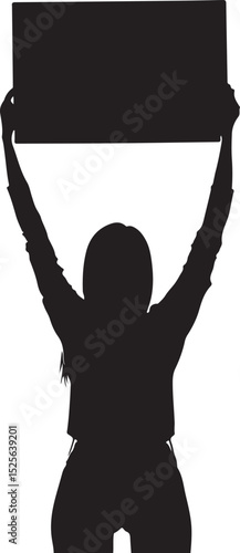 Girl Holding Up a Sign Above Her Head Silhouette Vector Illustration on Transparent Background