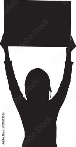 Girl Holding Up a Sign Above Her Head Silhouette Vector Illustration on Transparent Background
