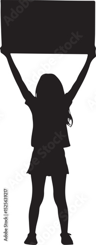 Girl Holding Up a Sign Above Her Head Silhouette Vector Illustration on Transparent Background