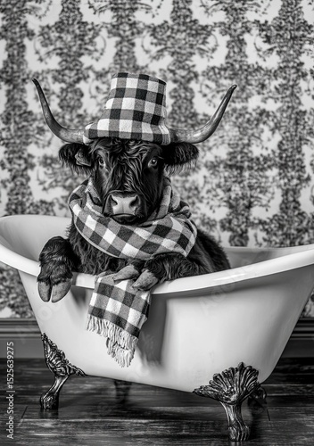In the city of Bath, a lighthearted  poster depicts Highland cattle, black and white cows, bathing in a bathtub, creating a funny animal bathroom interior safari scene