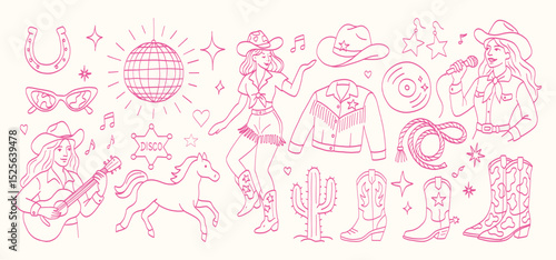 Pink disco cowgirl set. A woman is playing a guitar and a horse is standing next to her. There are other people and objects in the background, such as a microphone and a cowboy hat