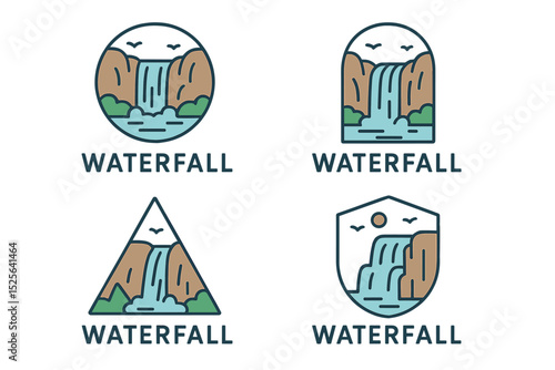 The template includes a bundle collection of various badges related to outdoor concepts, paired with a set of simple waterfall logo line art and typography in a minimalist vector illustration