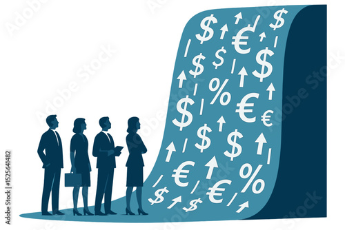 A vector illustration of a business concept depicts business people watching a large waterfall of finance with money symbols on a blue background, representing wealth, success, and collaboration