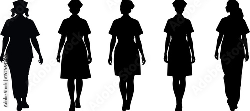 Five Silhouettes of Nurses Walking Professional Healthcare Workers Medical Staff Uniform