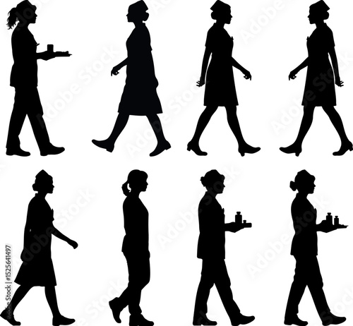 Eight Silhouettes of Walking Nurses Serving Patients Medical Care Healthcare Workers Professional Staff