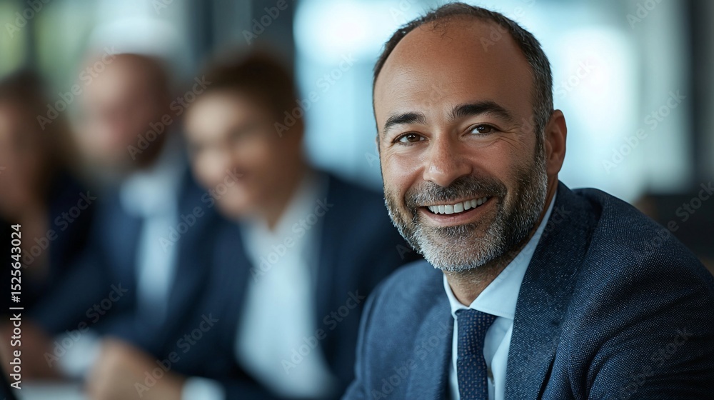 Smiling businessman in suit, colleagues blurred background. Confident, successful, professional. Meeting Smiling businessman in suit, colleagues blurred background. Confident, successful, professional. Meeting