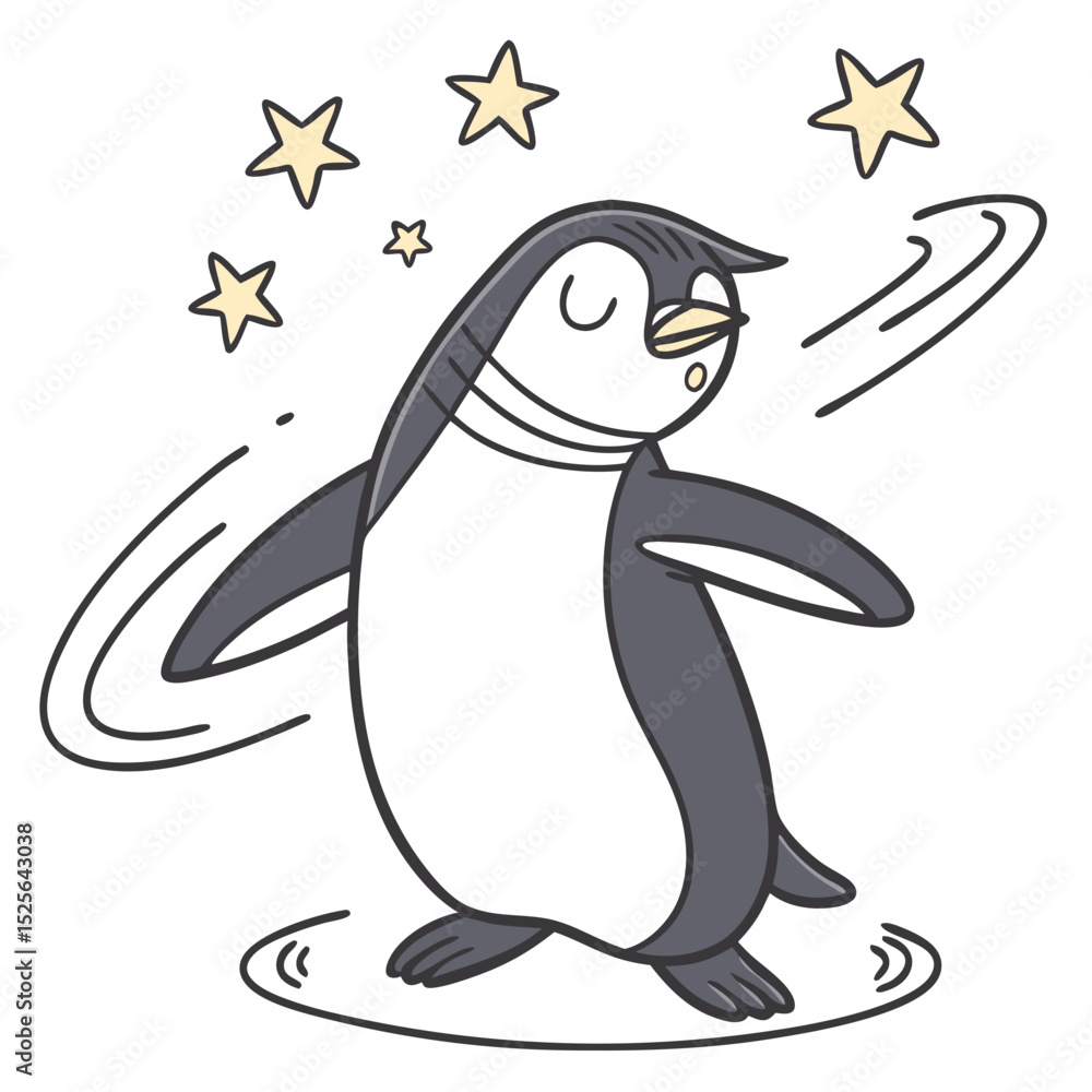 Obraz premium Illustrated Dizzy Penguin Wobbling with Spinning Stars. Perfect for: Penguin Awareness Day, children's events, dizziness awareness