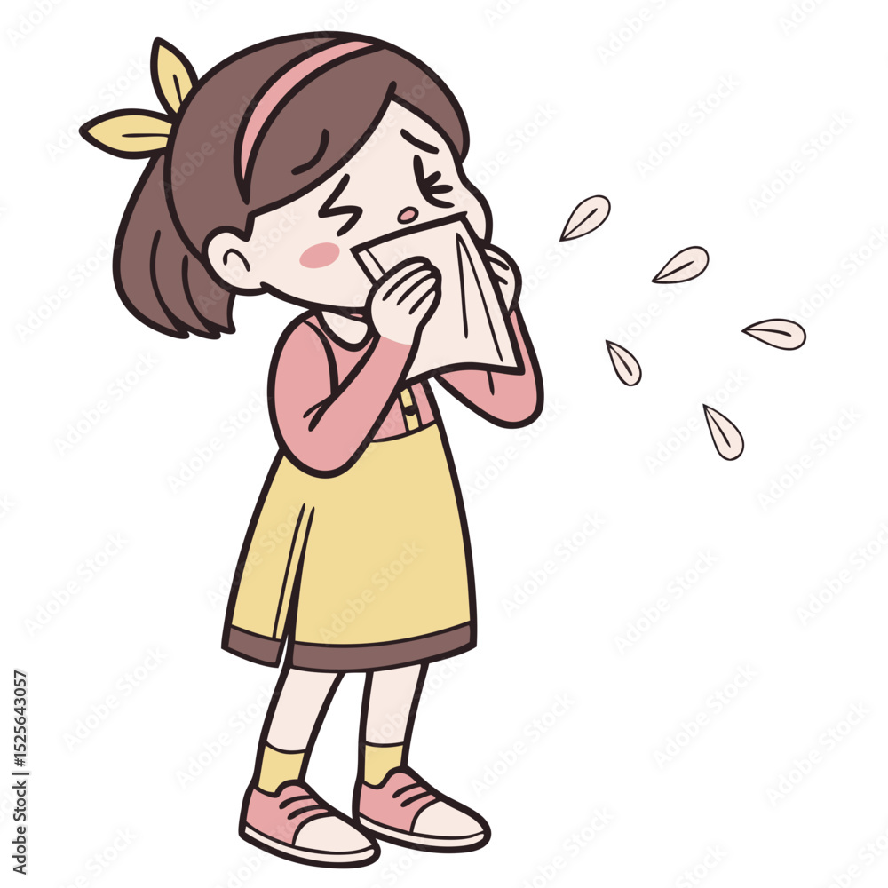 Illustrated Girl Sneezing Repeatedly with Runny Nose and Tissues. Perfect for: Allergy Season, flu season campaigns, schools Illustrated Girl Sneezing Repeatedly with Runny Nose and Tissues. Perfect for: Allergy Season, flu season campaigns, schools