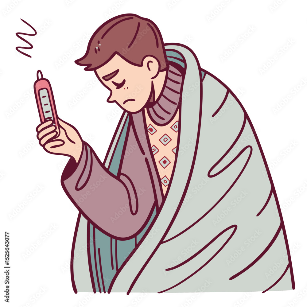 Fototapeta premium Illustrated Sick Man with Flu Symptoms Wrapped in Blanket. Perfect for: International Flu Awareness Week, health blogs, clinics