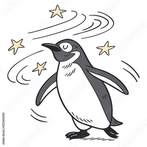 Illustrated Dizzy Penguin Wobbling with Spinning Stars. Perfect for: Penguin Awareness Day, children's events, dizziness awareness