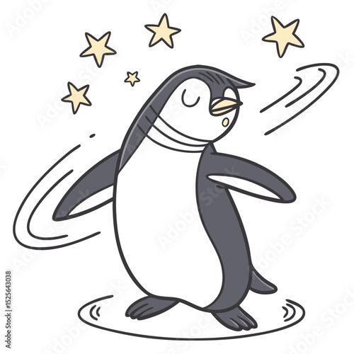 Illustrated Dizzy Penguin Wobbling with Spinning Stars. Perfect for: Penguin Awareness Day, children's events, dizziness awareness