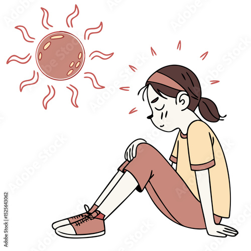 Illustrated Girl with Heatstroke and Sunburn Effects. Perfect for: Summer Safety Week, heatstroke awareness campaigns, schools