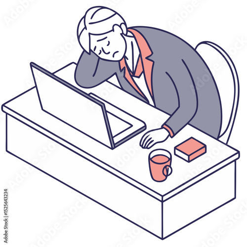 Pale Office Worker Slumped Over Desk with Medicine. Perfect for: Workplace wellness, sick leave policies