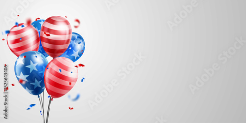 Vector illustration with six balloons in the national colors of the American flag on a light gradient background. Scraps of colored streamers fly around. Perfect for celebrating US Independence Day.