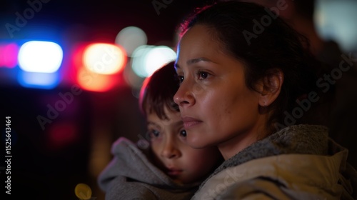 Hispanic mother holds child beside ICE van during deportation raid. Looking at her husband getting deported. 