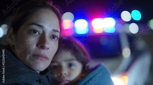 Hispanic mother holds child beside ICE van during deportation raid
