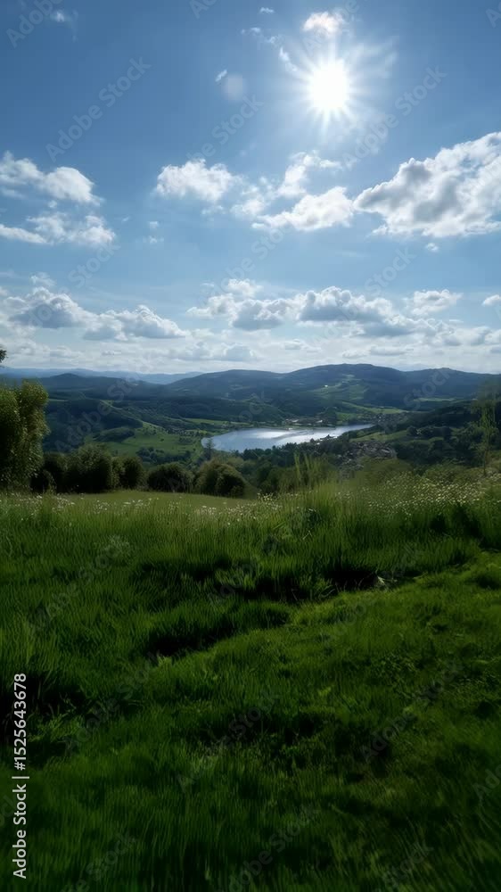 Scenic view of a valley landscape with hills, green meadow grass, small lake and bright sunlight with clouds Scenic view of a valley landscape with hills, green meadow grass, small lake and bright sunlight with clouds