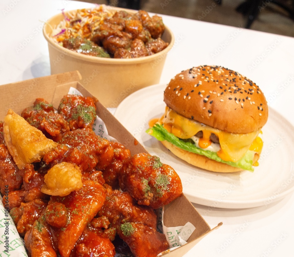 Korean deep dried spicy red chicken sauce in a paper takeaway box. Korean deep dried spicy red chicken sauce in a paper takeaway box.
