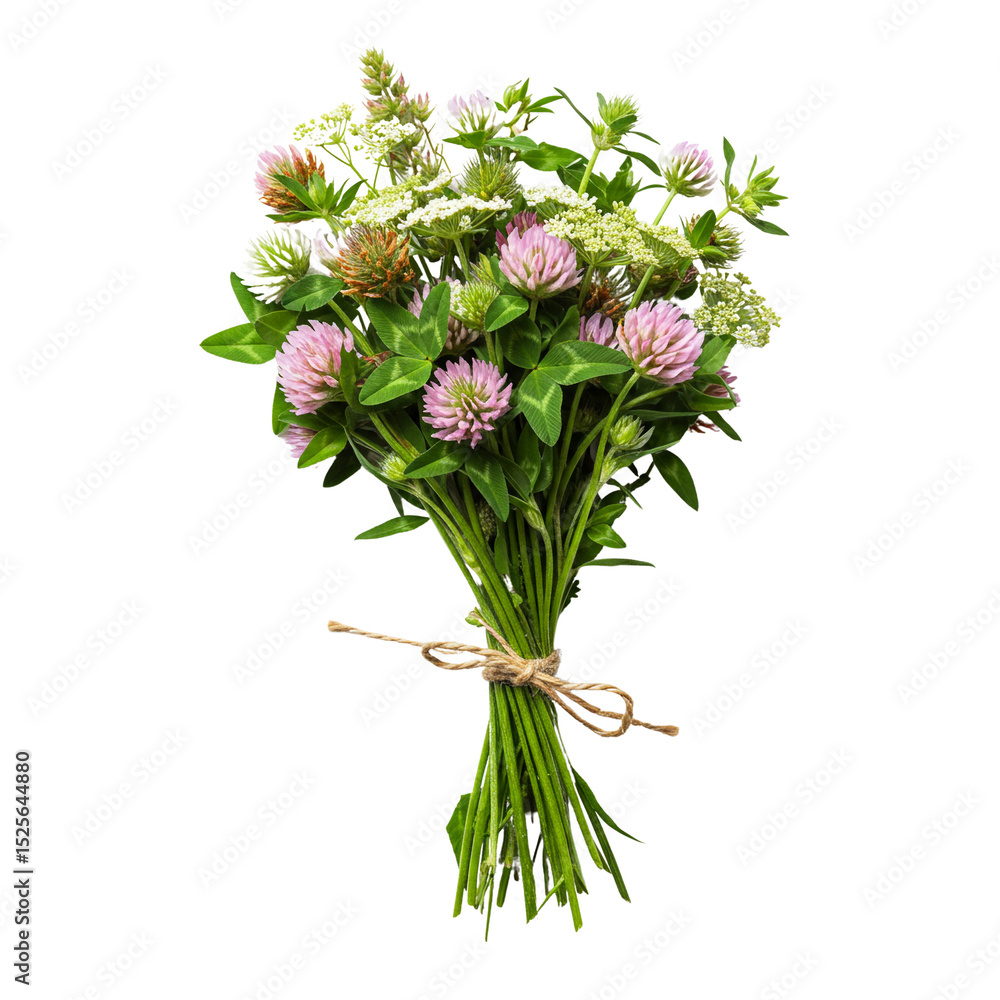 Obraz premium Fresh wildflower bouquet tied with twine on a white background 