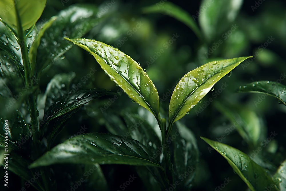 Close-up view of fresh tea leaves covered in water droplets. Close-up view of fresh tea leaves covered in water droplets.
