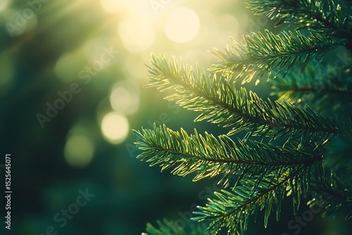 Close-up of pine needles bathed in sunlight.