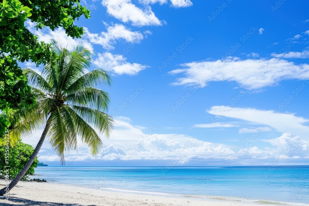 Obraz premium Idyllic tropical beach scene. Turquoise water, white sand, palm trees under a bright blue sky. Perfect for travel, vacation, and summer themes. Ideal for websites, brochures, and advertising.